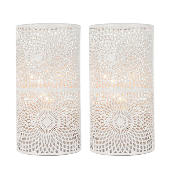 Set of Two 8" White Metal Pierced Geometric Battery Operated Lamps With Cylinder Shades