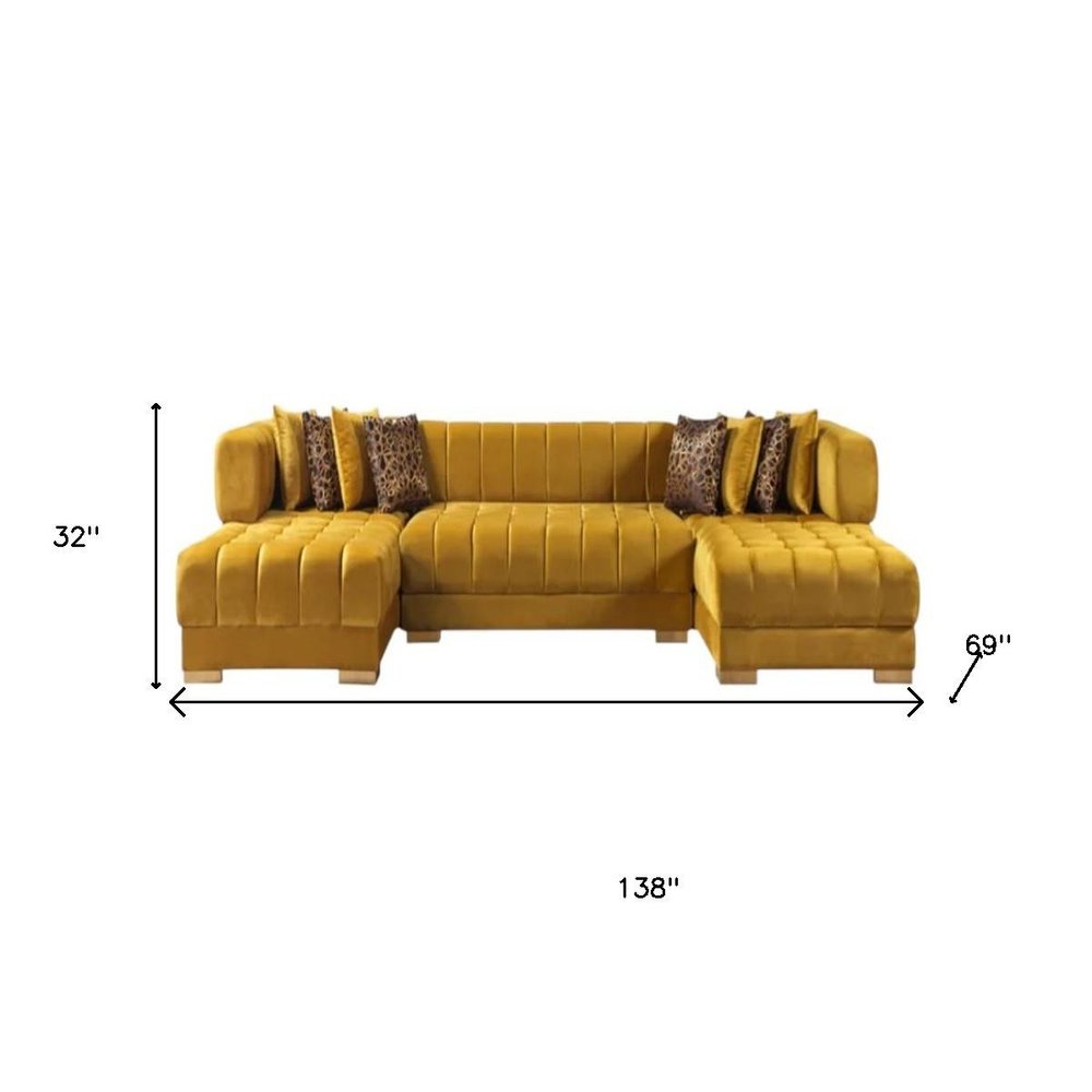 Mustard Velvet U Shaped Three Piece Sofa and Chaise Sectional With Toss Pillows