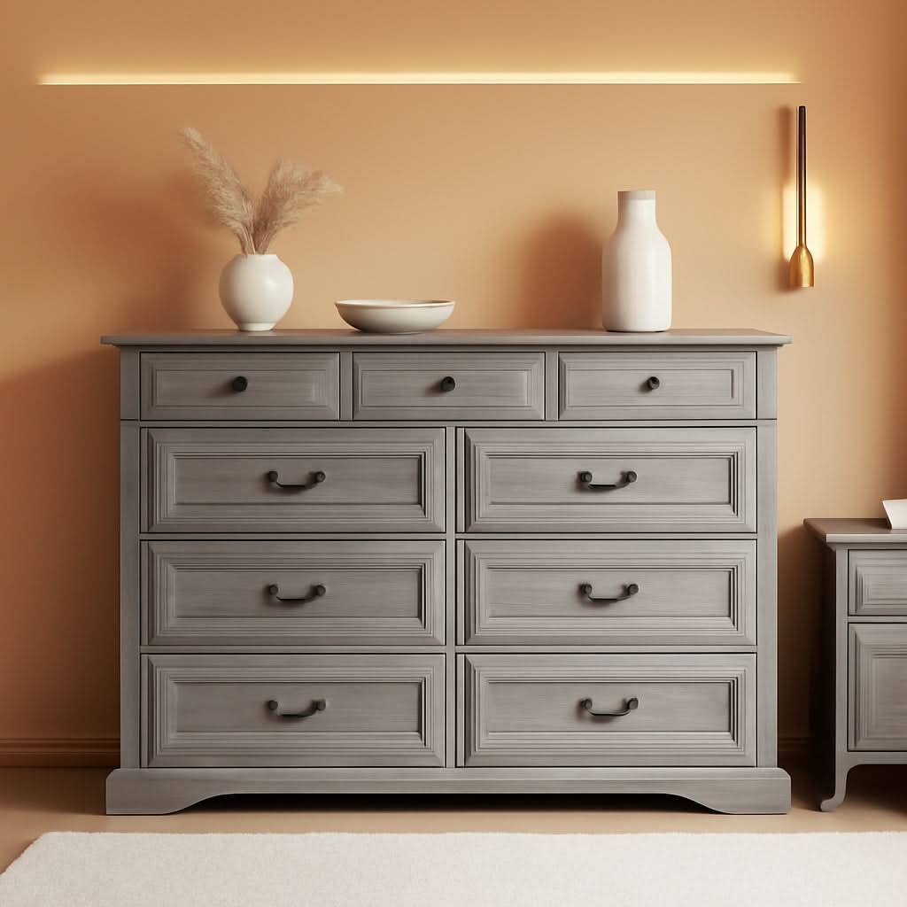 Grey 9-Drawer SolidWood Dresser For Bedroom Storage-0