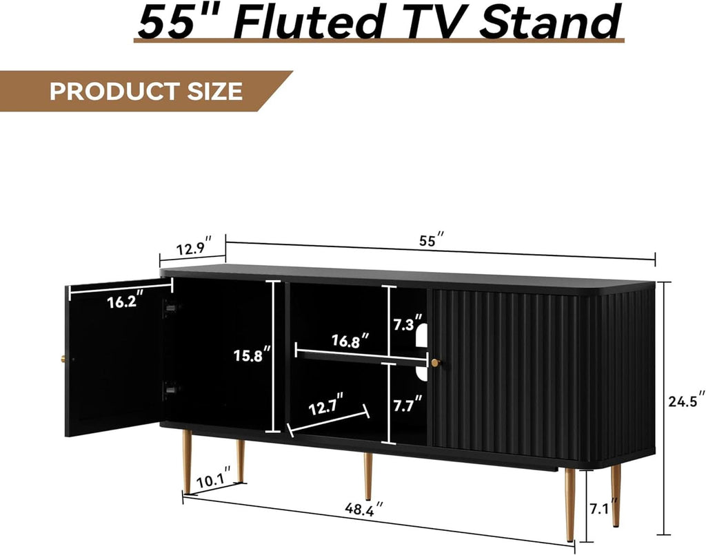 55 Inch Fluted TV Stand Black Mid Century Modern Entertainment Center-1