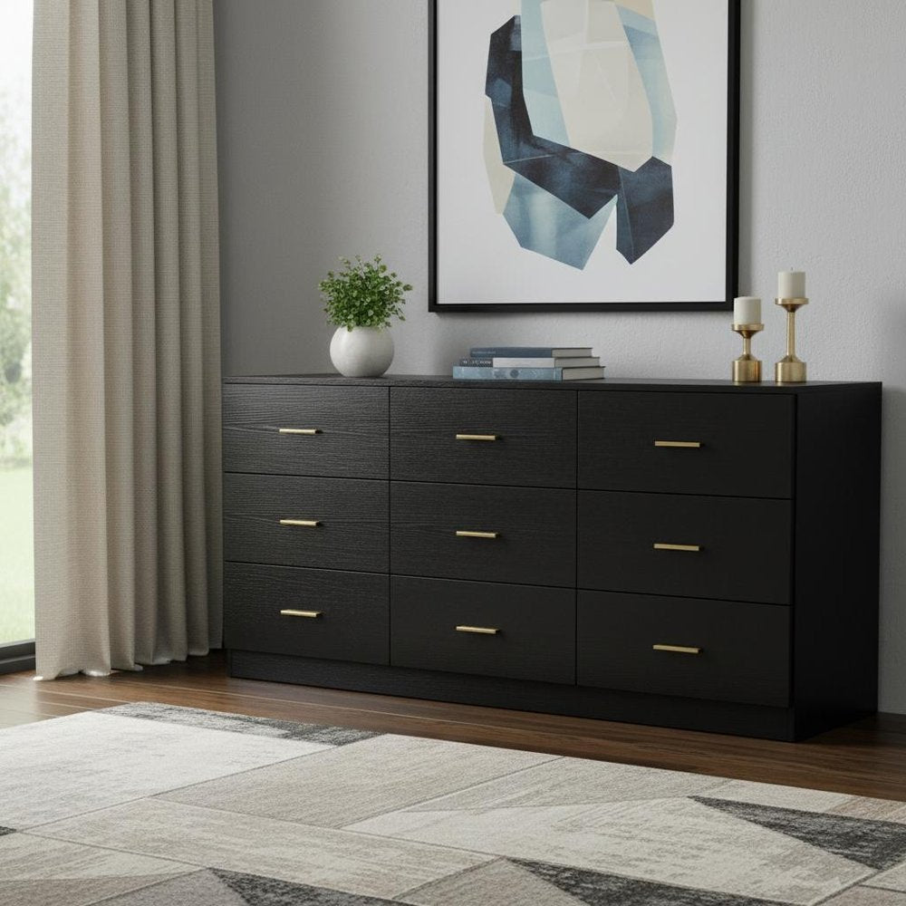 63" Black Wood Nine Drawer Triple Dresser