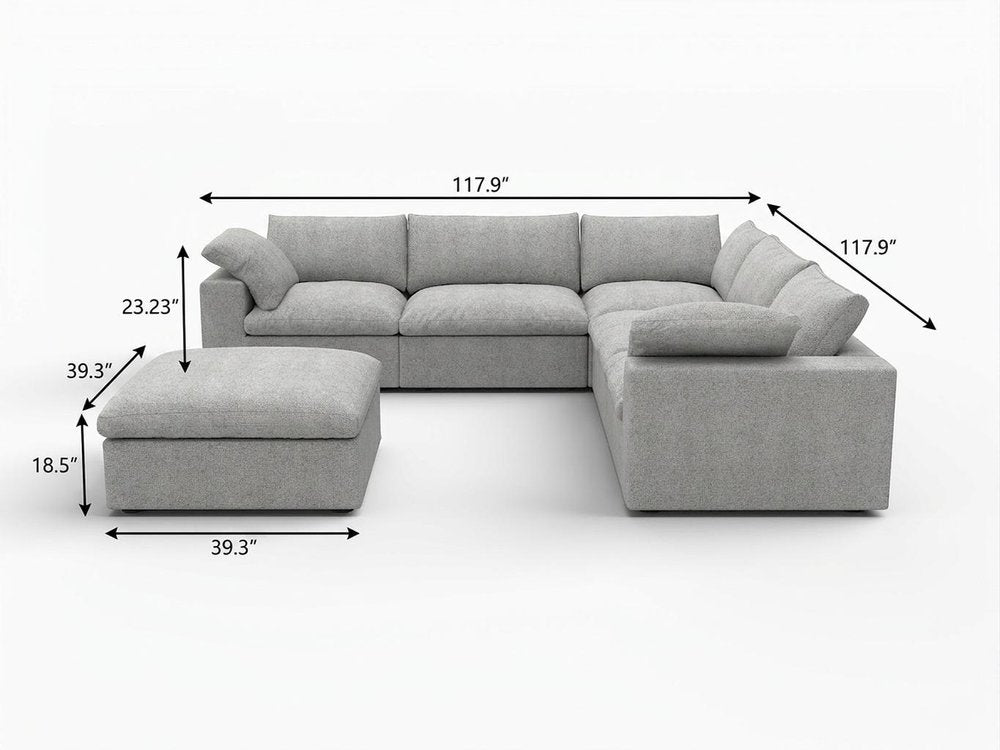 Light Gray Linen Blend Modular L Shaped Six Piece Corner Sectional With Ottoman