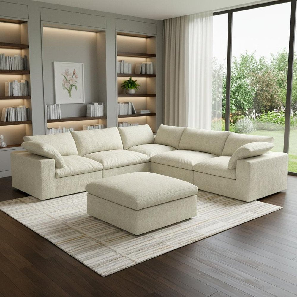 Light Gray Linen Blend Modular L Shaped Six Piece Corner Sectional With Ottoman