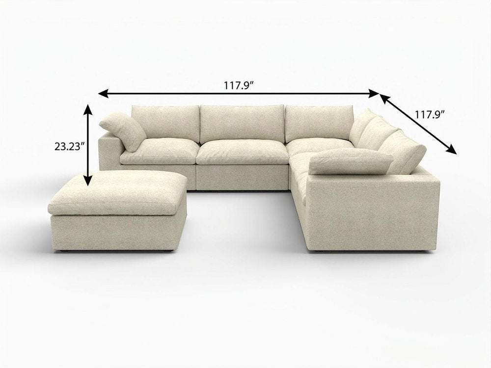 Light Gray Linen Blend Modular L Shaped Six Piece Corner Sectional With Ottoman