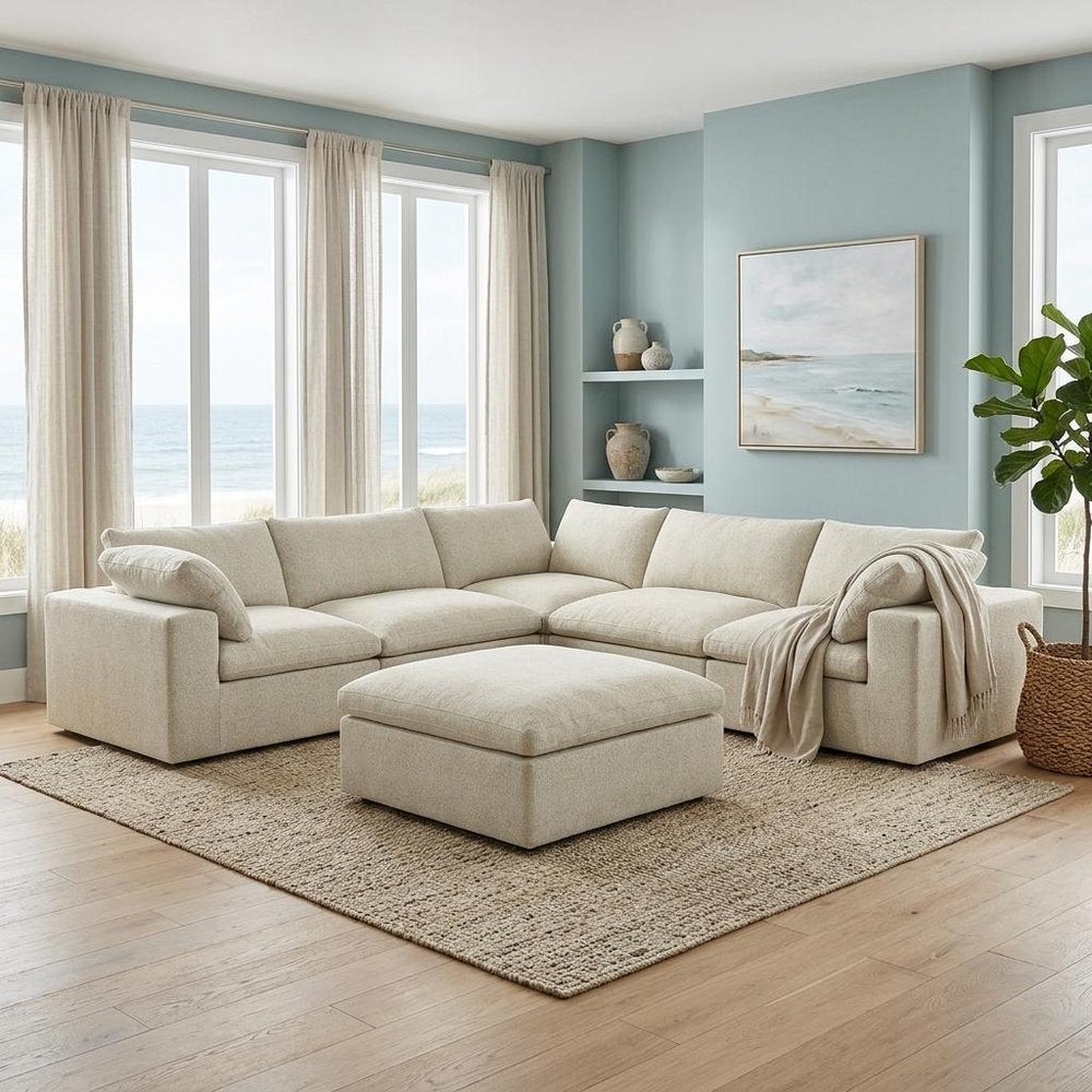 Light Gray Linen Blend Modular L Shaped Six Piece Corner Sectional With Ottoman