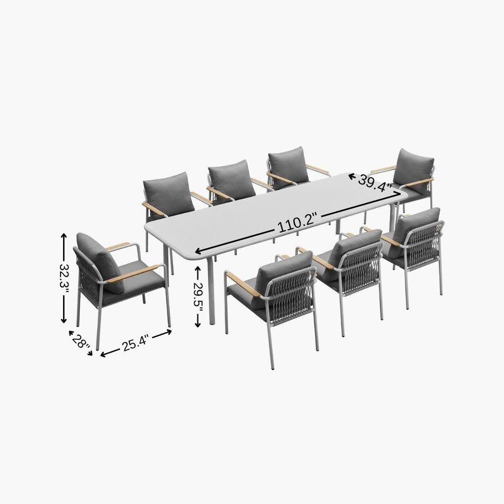 Nine Piece White Metal Dining Set with Eight Chairs