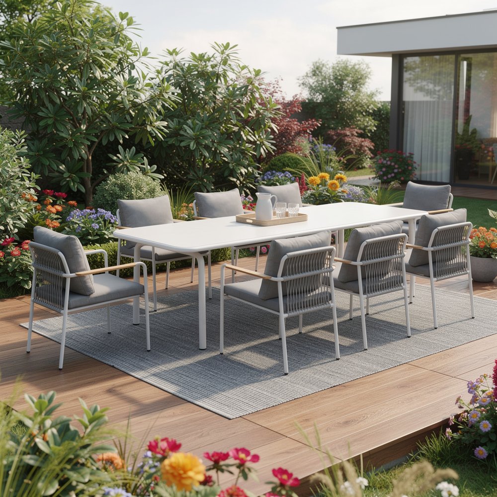 Nine Piece White Metal Dining Set with Eight Chairs