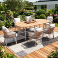 Seven Piece Light Brown and Beige Solid Wood Dining Set with Six Chairs