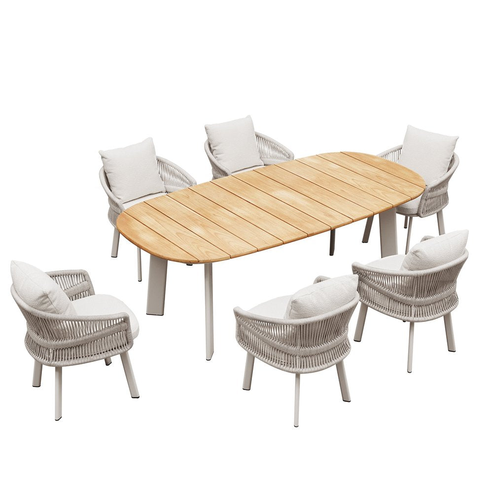 Seven Piece Light Brown and Beige Solid Wood Dining Set with Six Chairs