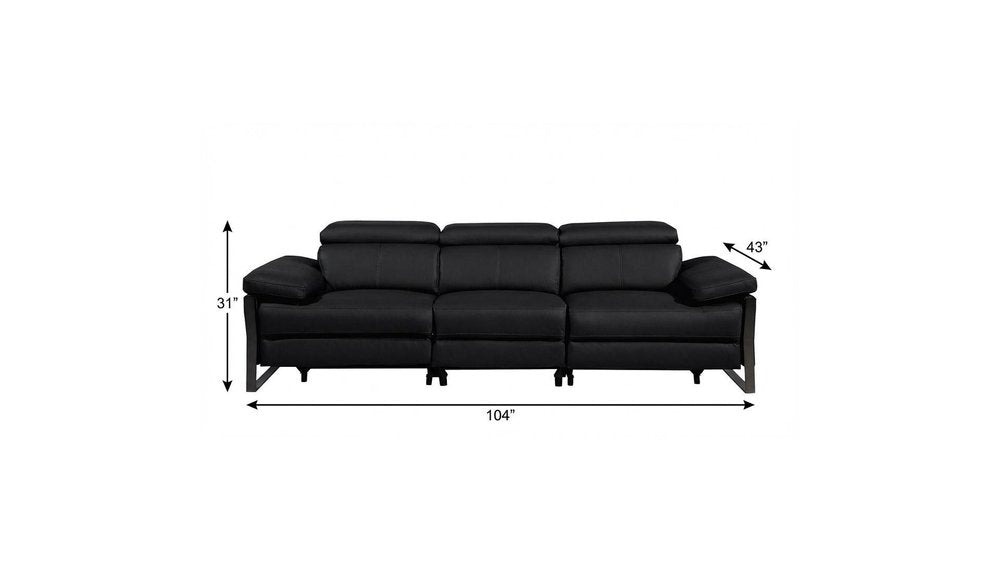 104" Black Italian Leather Reclining USB Sofa