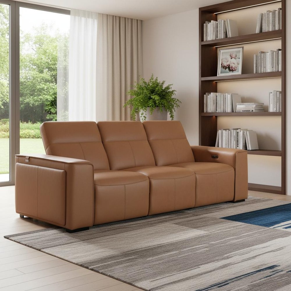 104" Chestnut Italian Leather Reclining USB Sofa And Storage