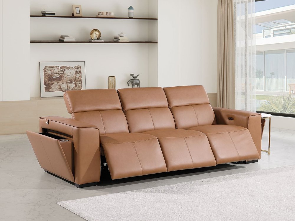 104" Chestnut Italian Leather Reclining USB Sofa And Storage