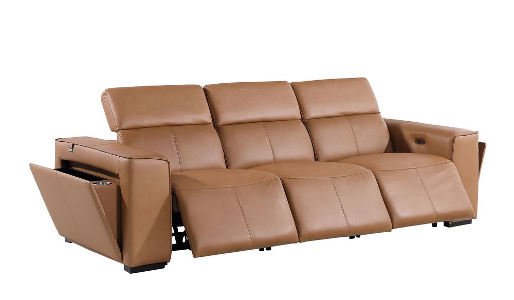 104" Chestnut Italian Leather Reclining USB Sofa And Storage