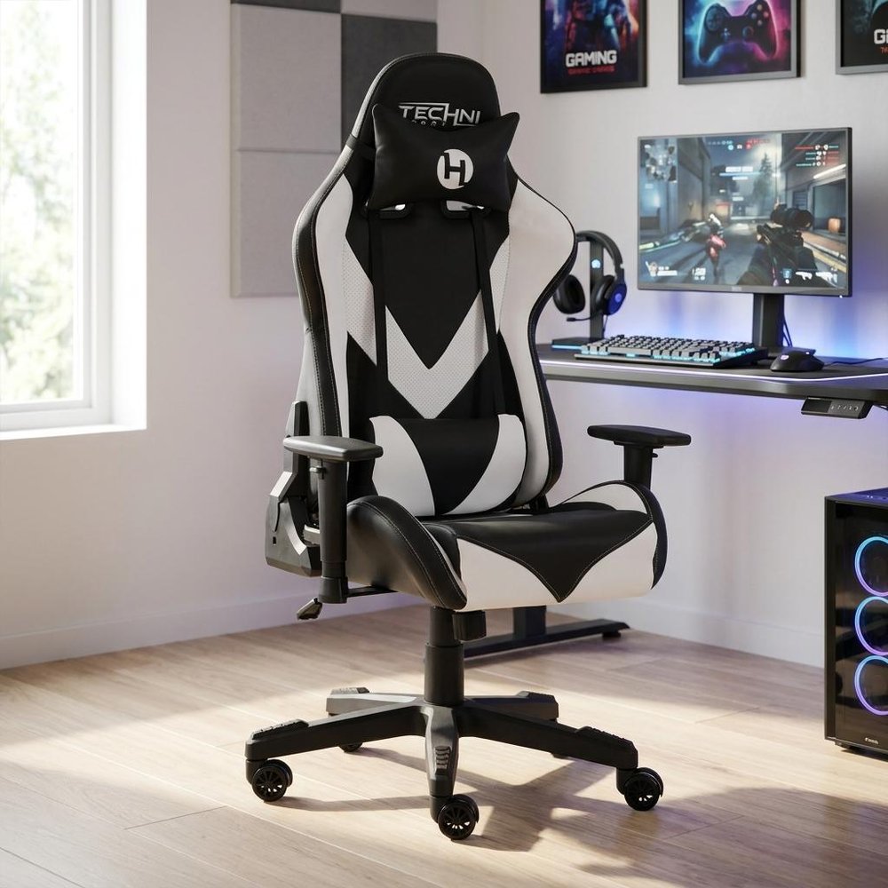 White And Black Swivel Rolling Gaming Chair