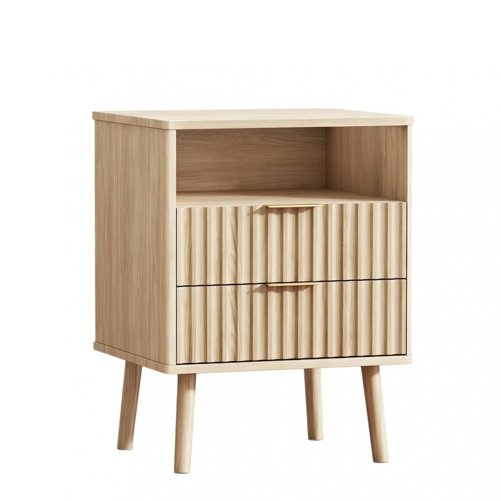 24" Natural Wood Ribbed Texture Two Drawer Nightstand