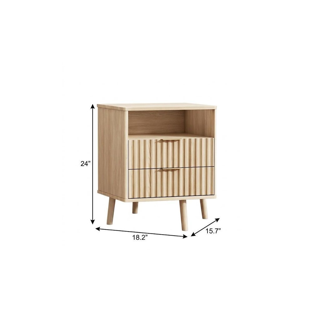 24" Natural Wood Ribbed Texture Two Drawer Nightstand