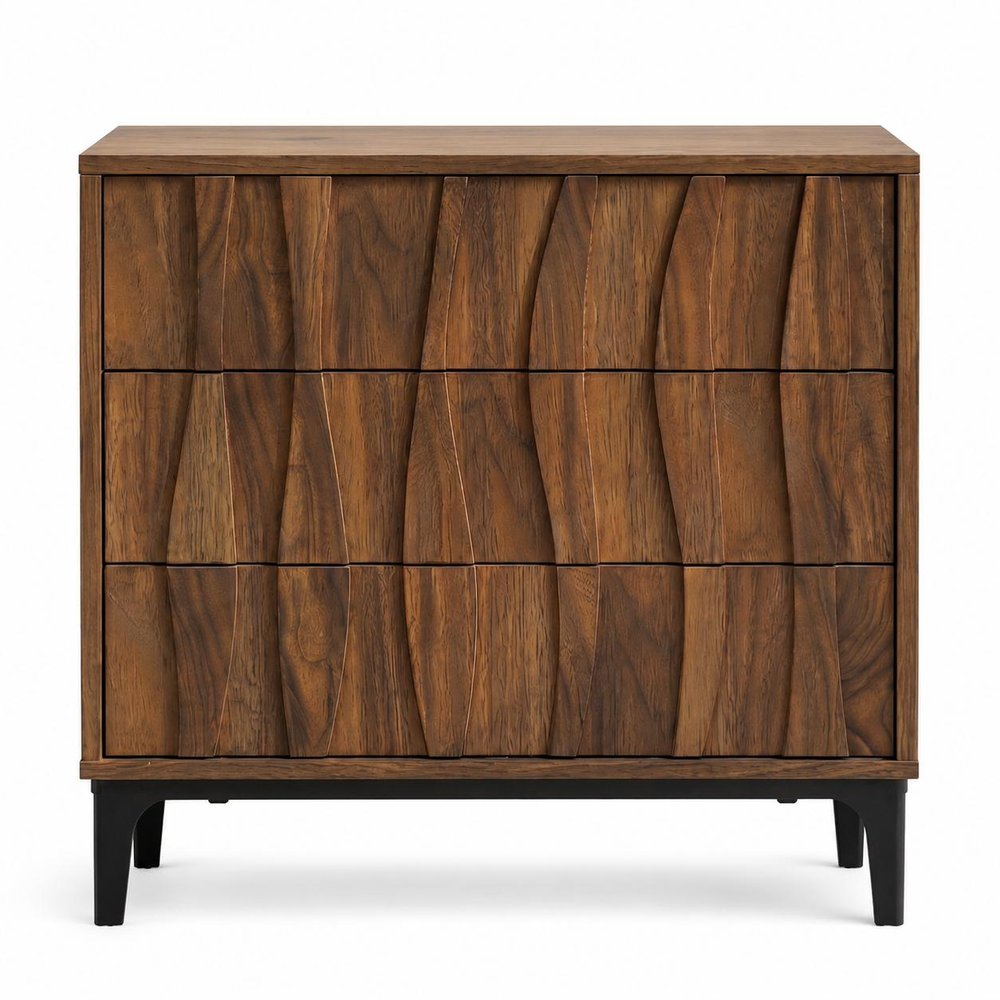 26" Walnut Wood Ribbed Texture Three Drawer Nightstand