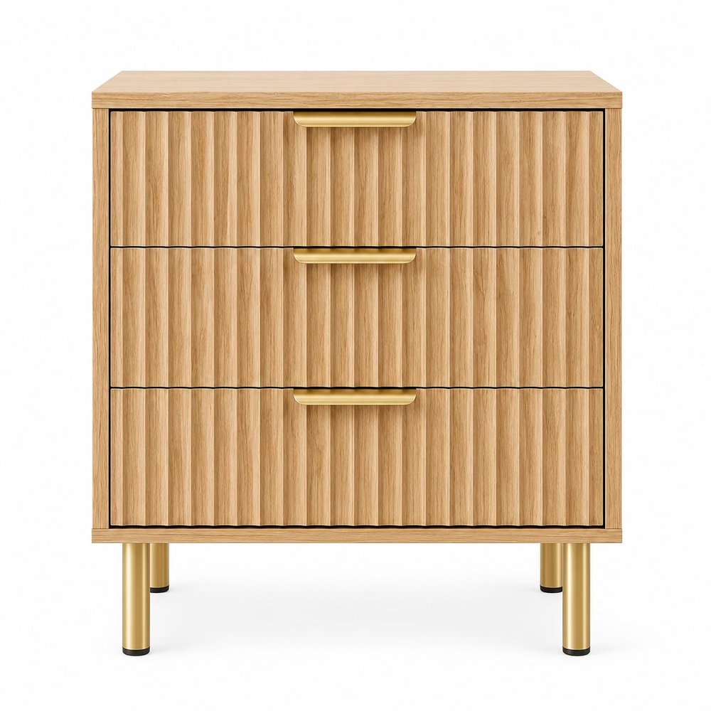 24" Oak Wood Ribbed Texture Three Drawer Nightstand