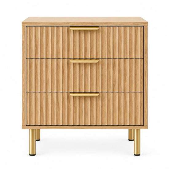 24" Oak Wood Ribbed Texture Three Drawer Nightstand