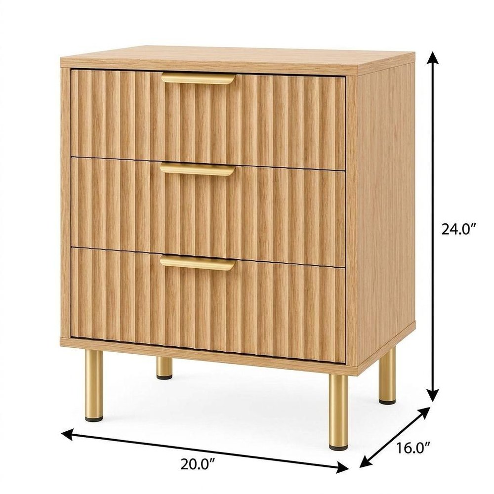 24" Oak Wood Ribbed Texture Three Drawer Nightstand