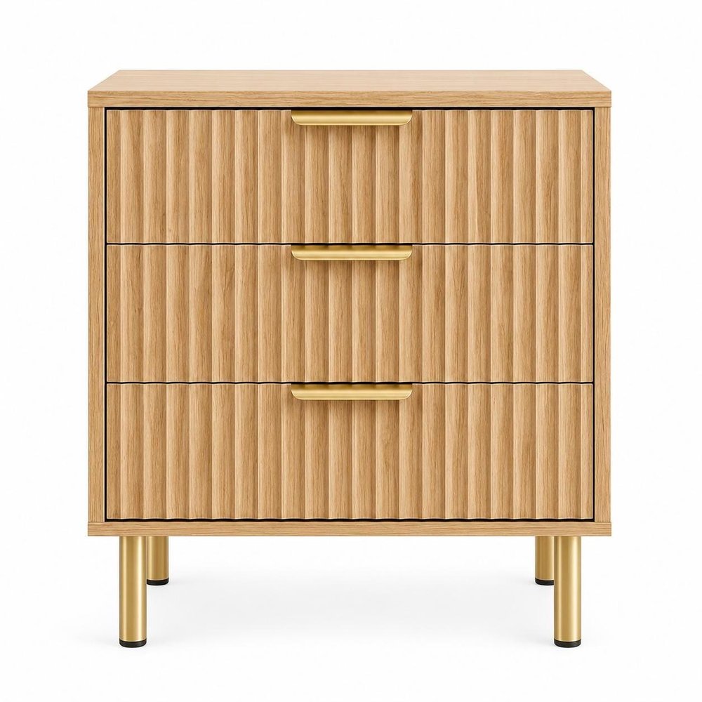 24" Oak Wood Ribbed Texture Three Drawer Nightstand