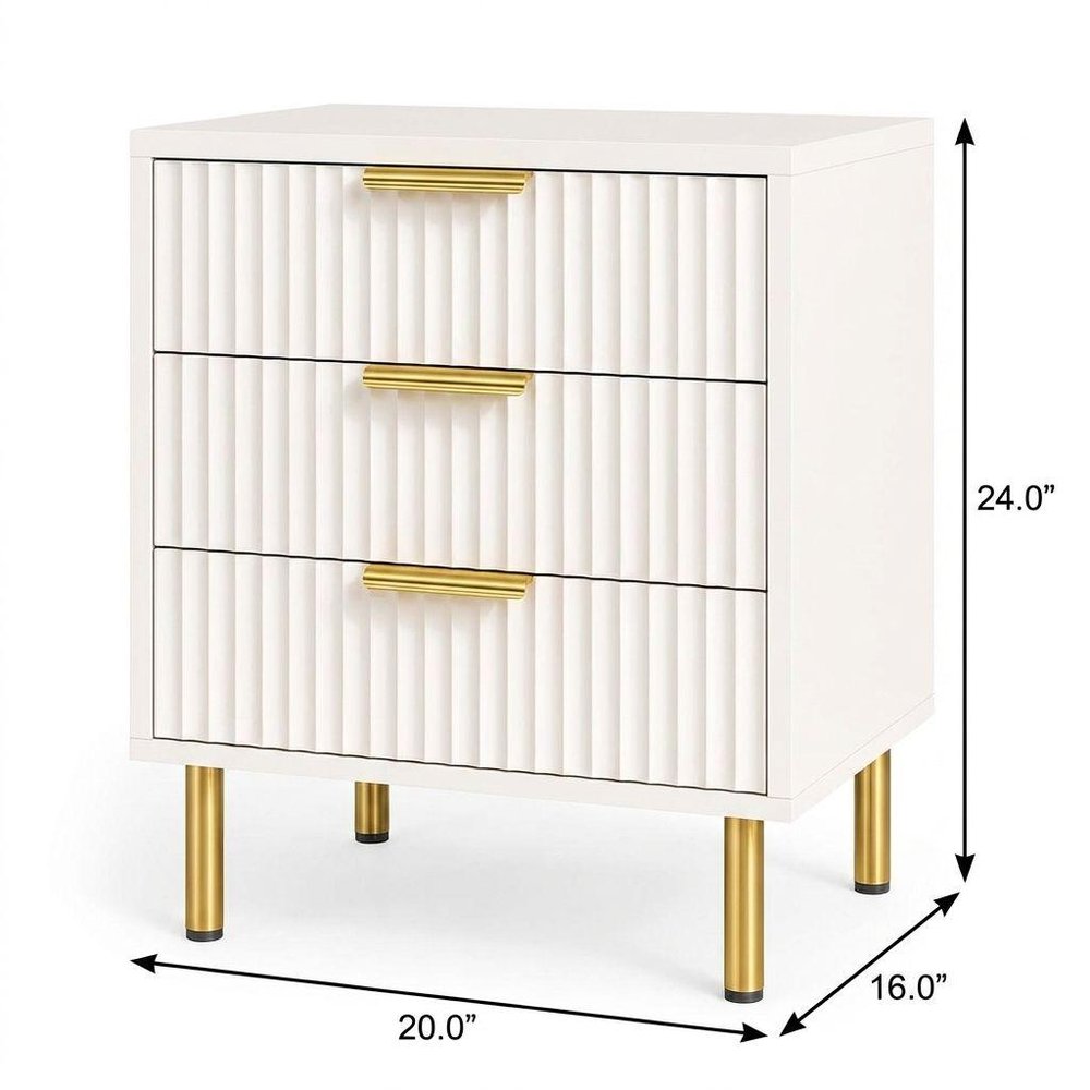 24" Oak Wood Ribbed Texture Three Drawer Nightstand