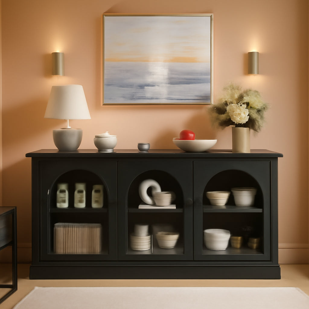 63Inch Black Sideboard Buffet Cabinet Glass Doors Modern-0
