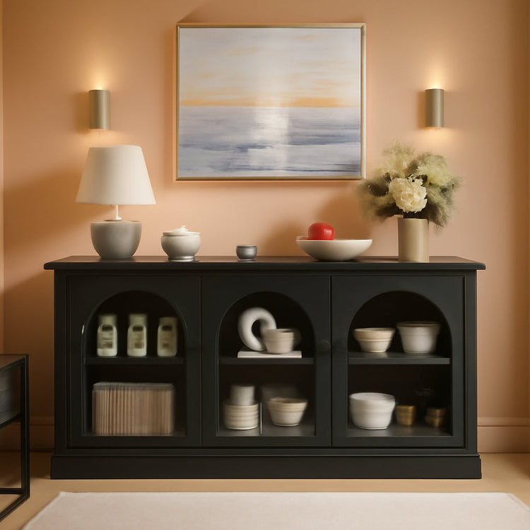 63Inch Black Sideboard Buffet Cabinet Glass Doors Modern-0