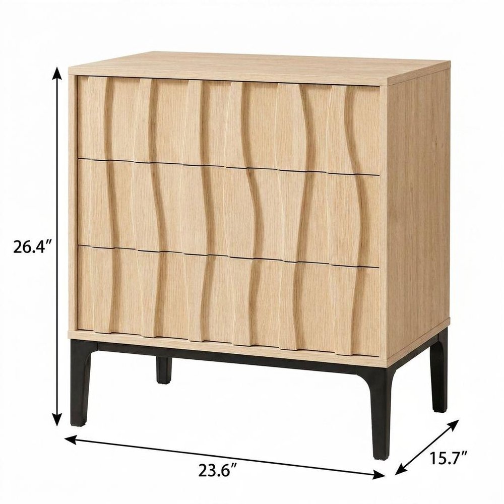 26" Walnut Wood Ribbed Texture Three Drawer Nightstand