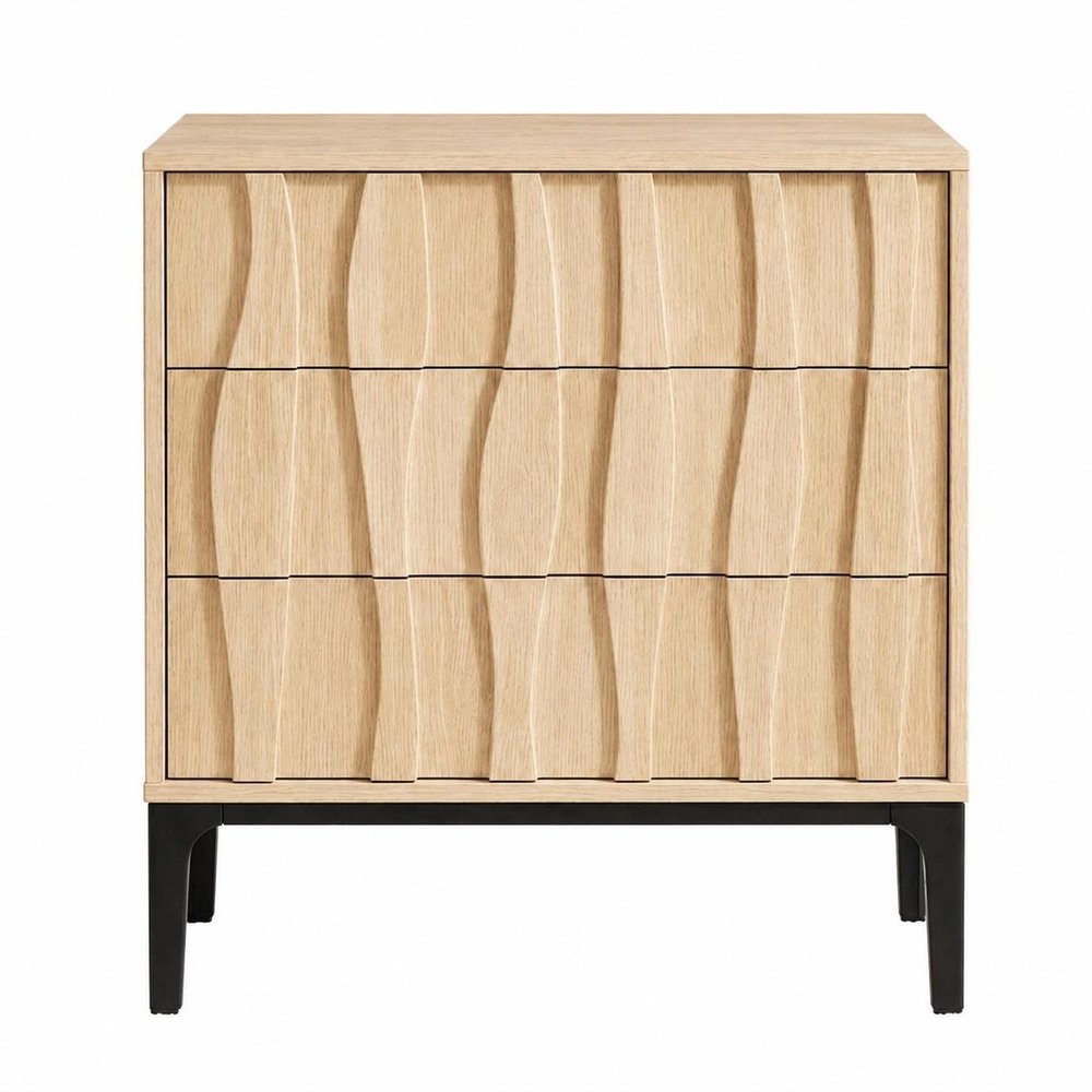 26" Walnut Wood Ribbed Texture Three Drawer Nightstand
