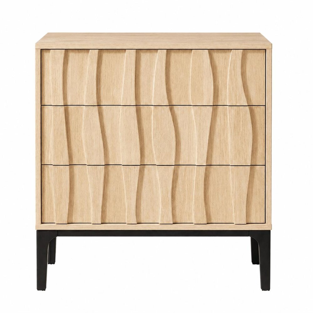 26" Walnut Wood Ribbed Texture Three Drawer Nightstand