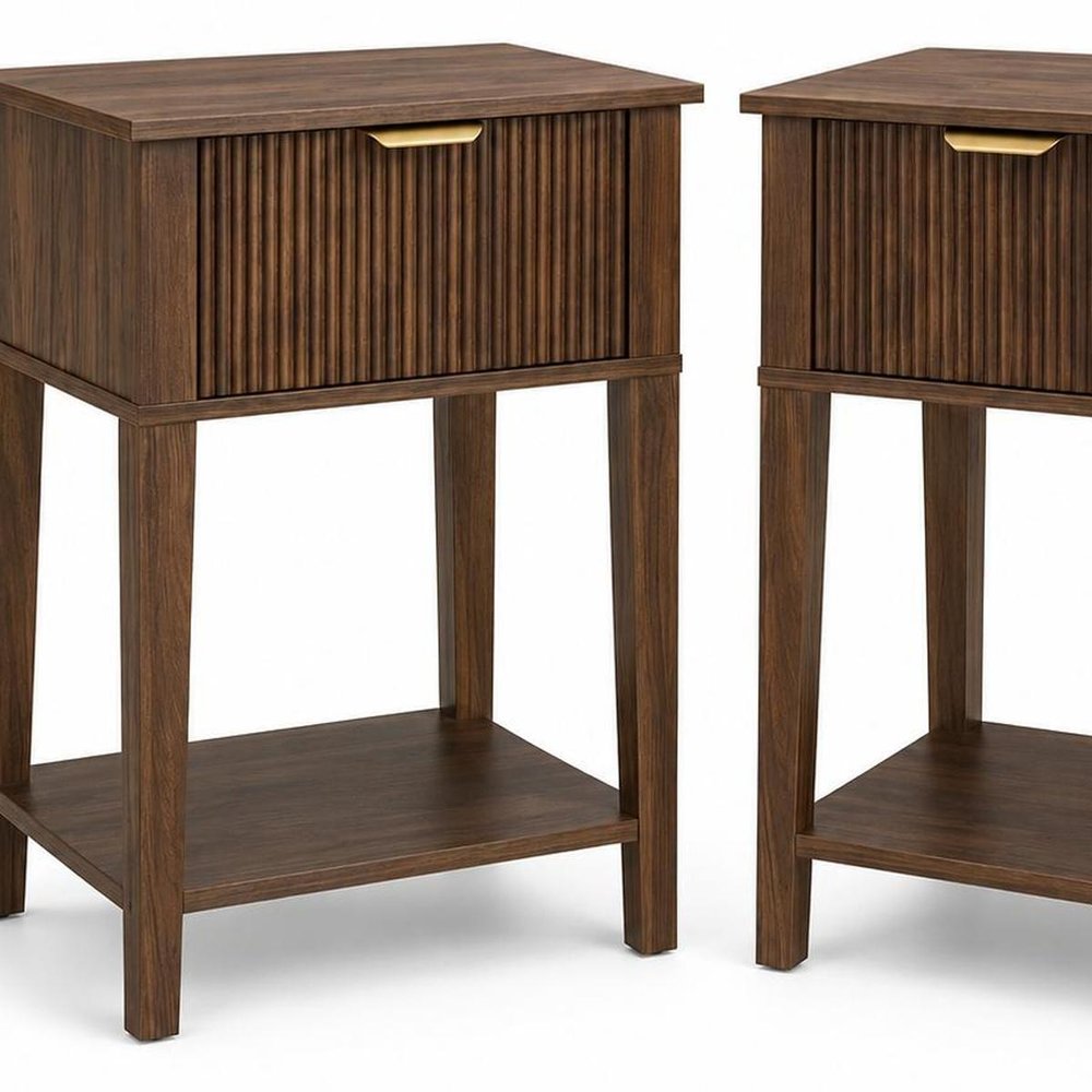 Set of Two 23" Walnut Wood Ribbed Texture One Drawer Nightstand