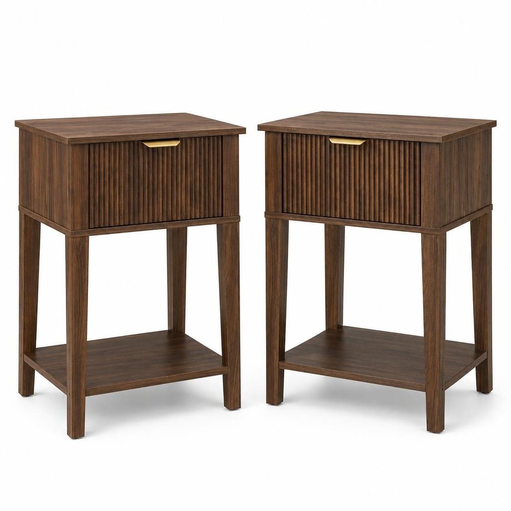 Set of Two 23" Walnut Wood Ribbed Texture One Drawer Nightstand