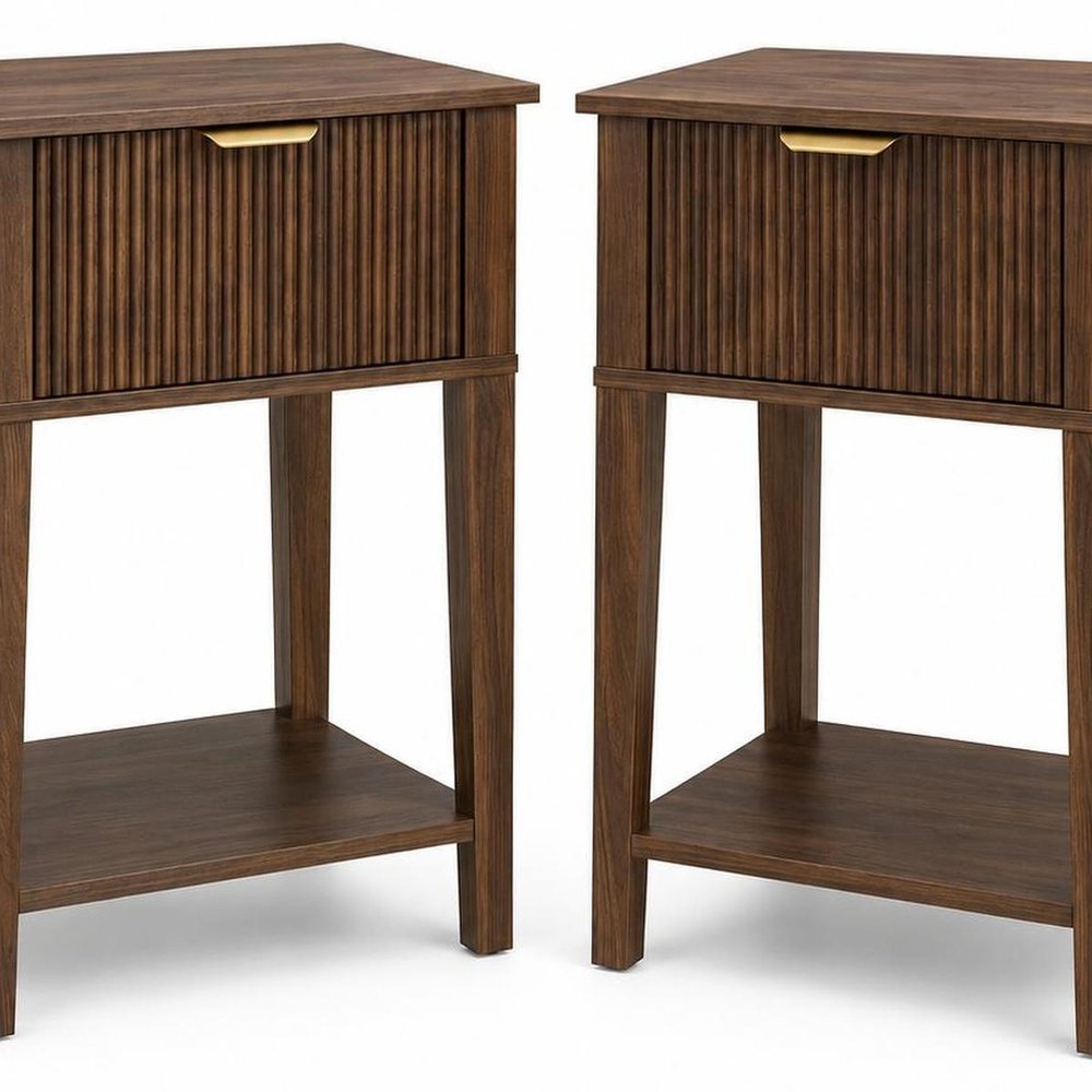 Set of Two 23" Walnut Wood Ribbed Texture One Drawer Nightstand