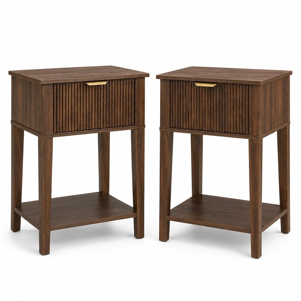 Set of Two 23" Walnut Wood Ribbed Texture One Drawer Nightstand
