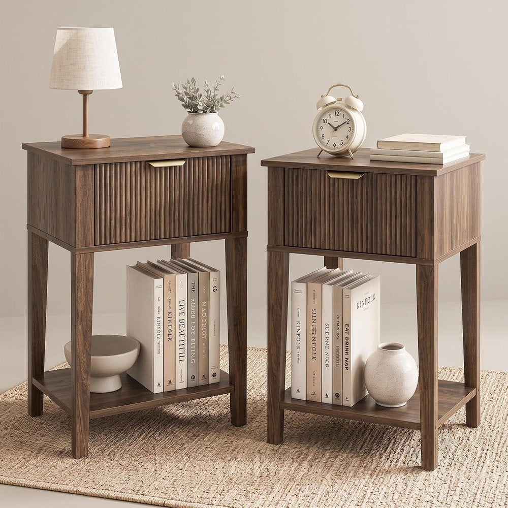 Set of Two 23" Walnut Wood Ribbed Texture One Drawer Nightstand