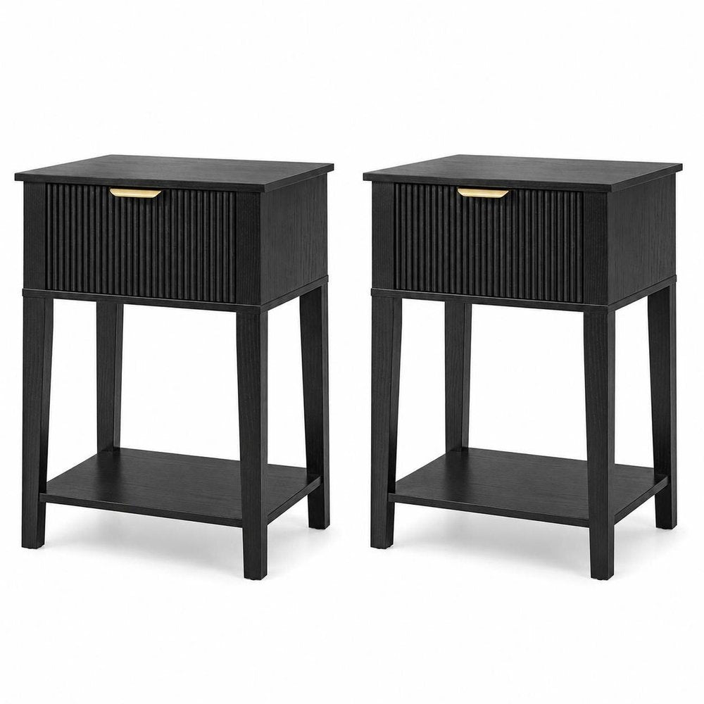 Set of Two 23" Black Wood Ribbed Texture One Drawer Nightstand