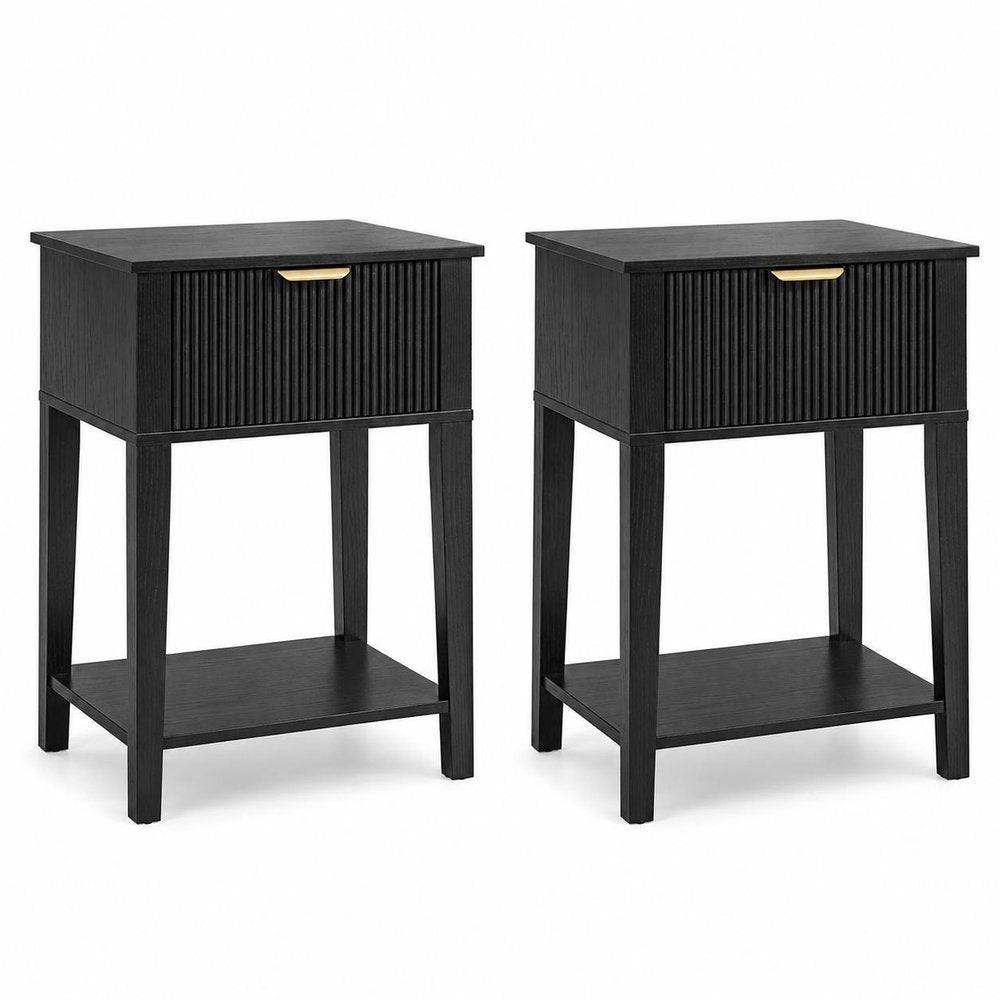 Set of Two 23" Black Wood Ribbed Texture One Drawer Nightstand