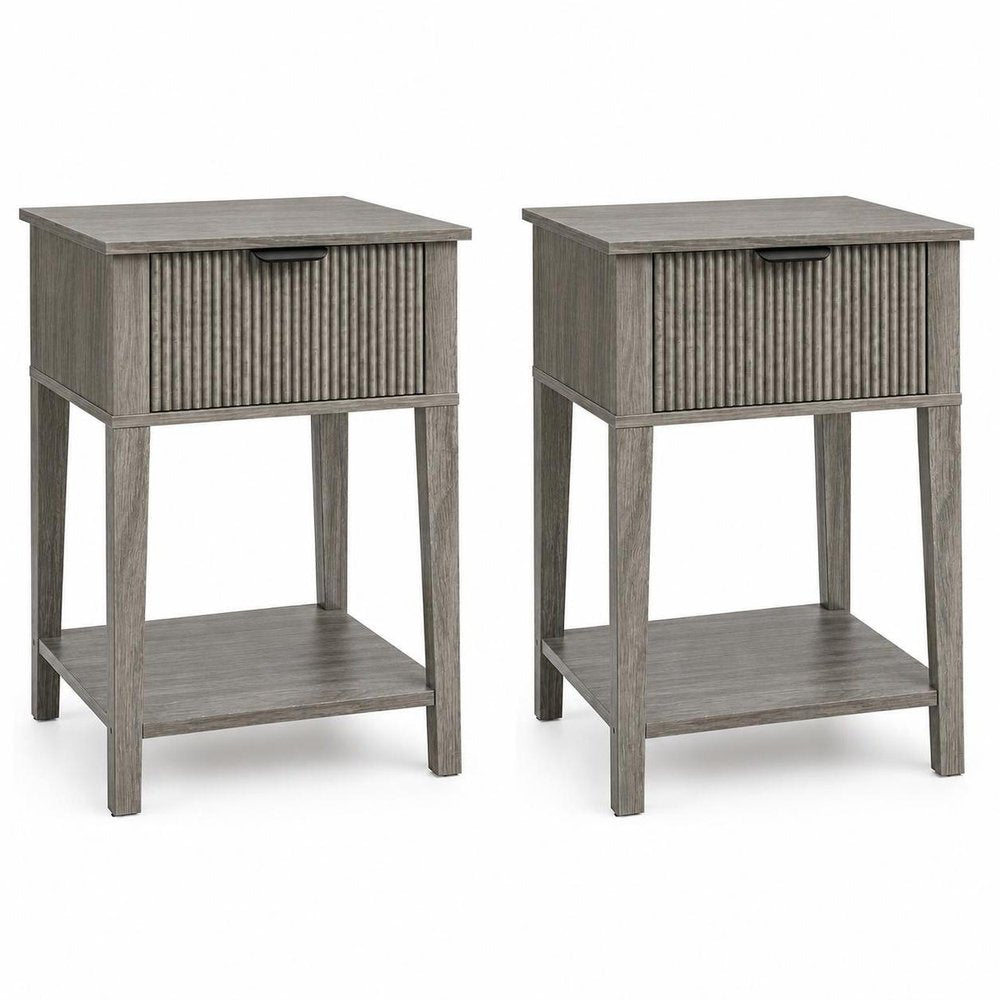 Set of Two 23" Gray Wood Ribbed Texture One Drawer Nightstand
