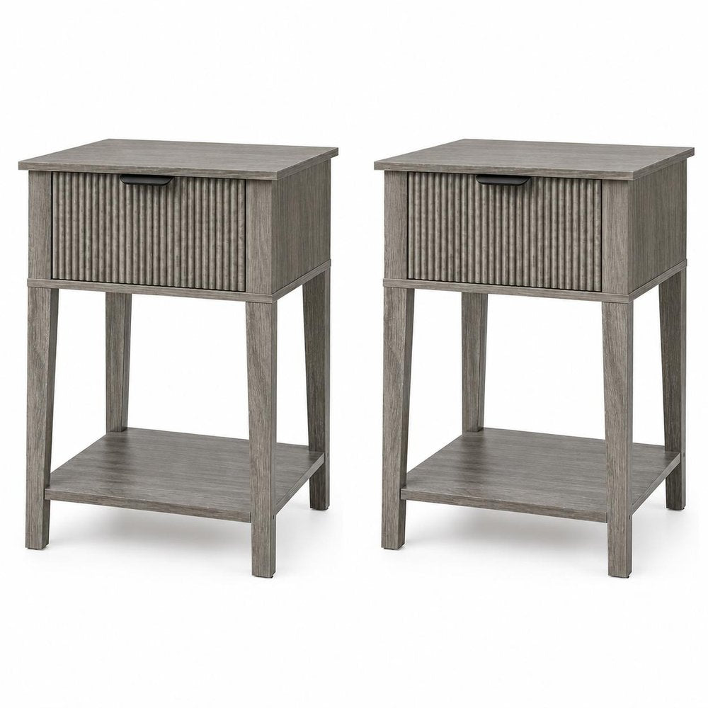 Set of Two 23" Gray Wood Ribbed Texture One Drawer Nightstand