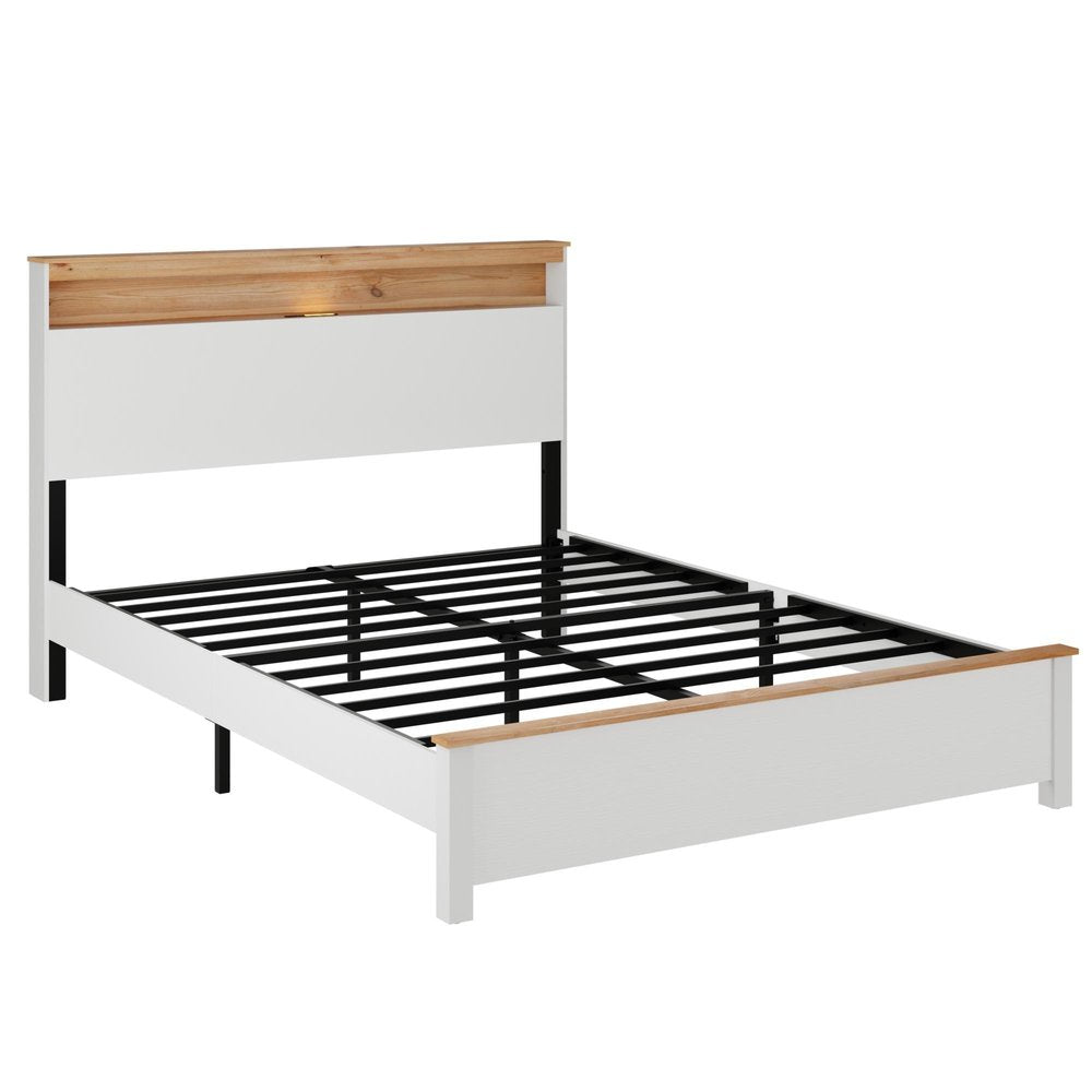 White Wood And Metal Lighted Full Bed Frame With USB With Shelves Storage