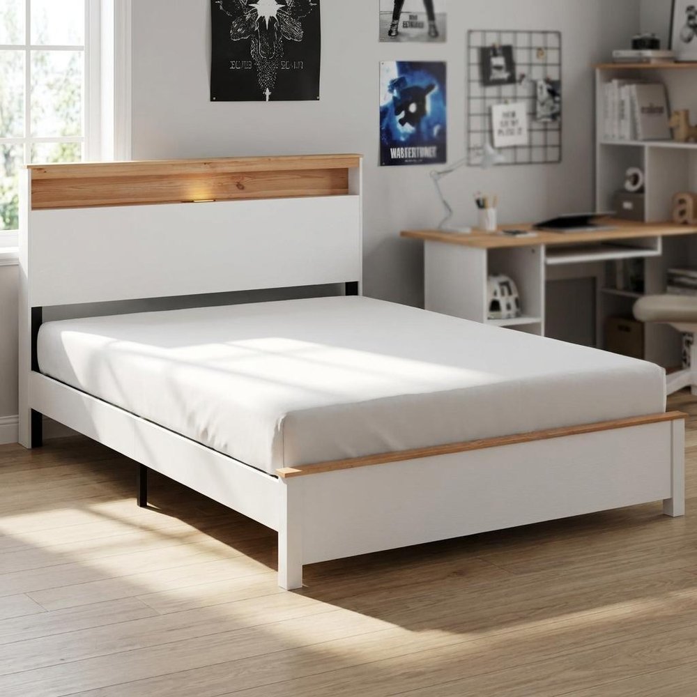 White Wood And Metal Lighted Full Bed Frame With USB With Shelves Storage