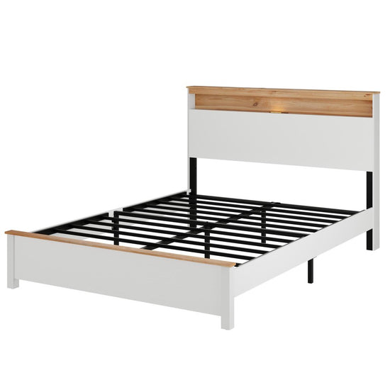 White Wood And Metal Lighted Full Bed Frame With USB With Shelves Storage