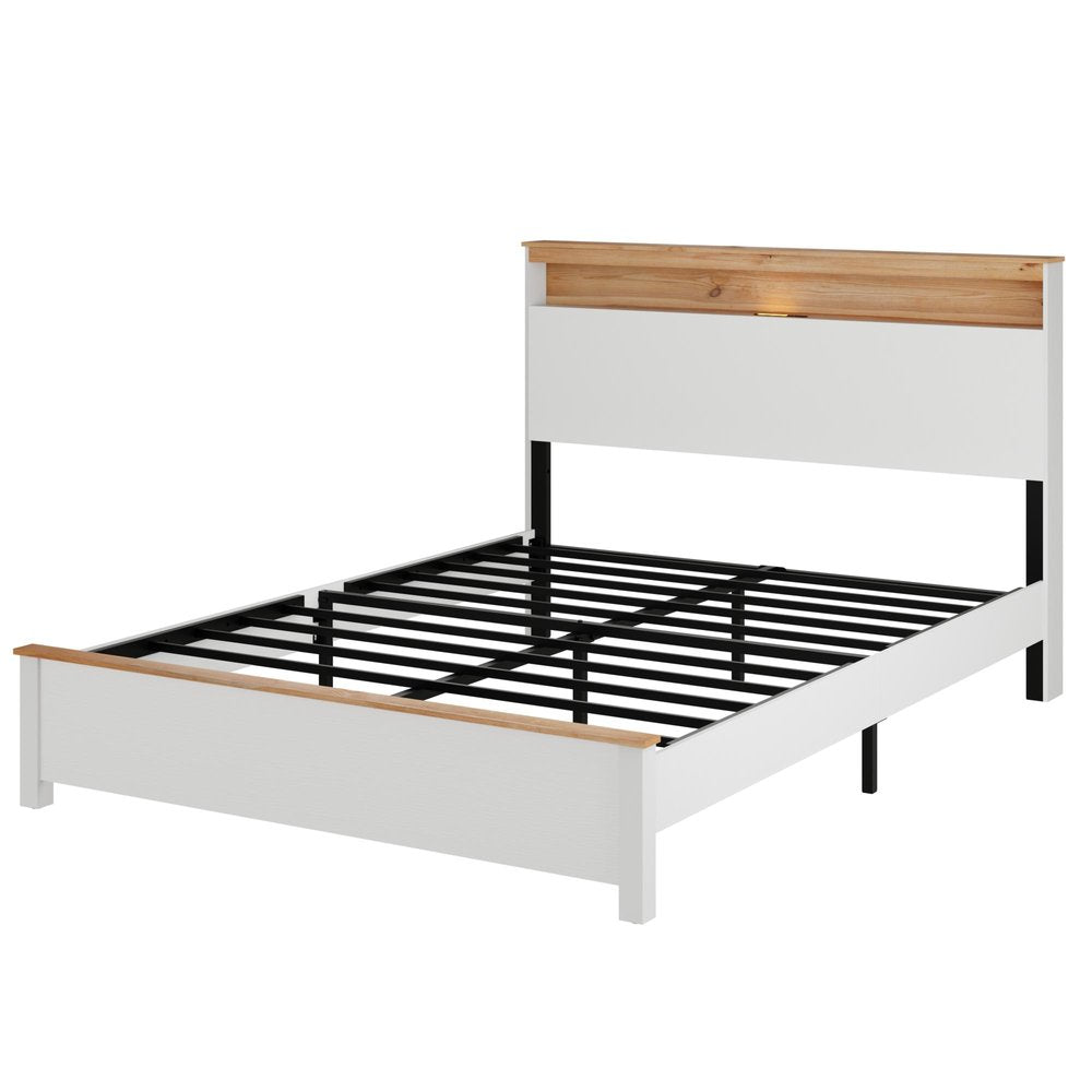 White Wood And Metal Lighted Full Bed Frame With USB With Shelves Storage