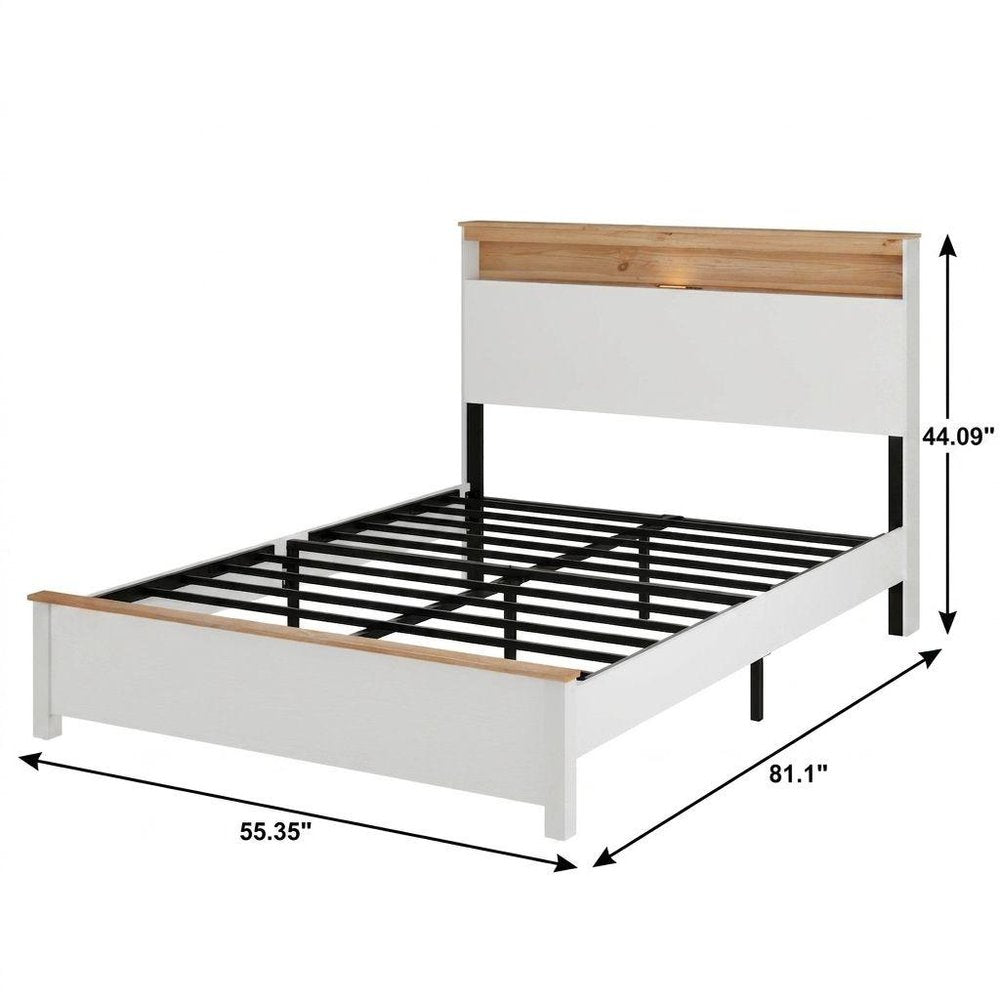 White Wood And Metal Lighted Full Bed Frame With USB With Shelves Storage