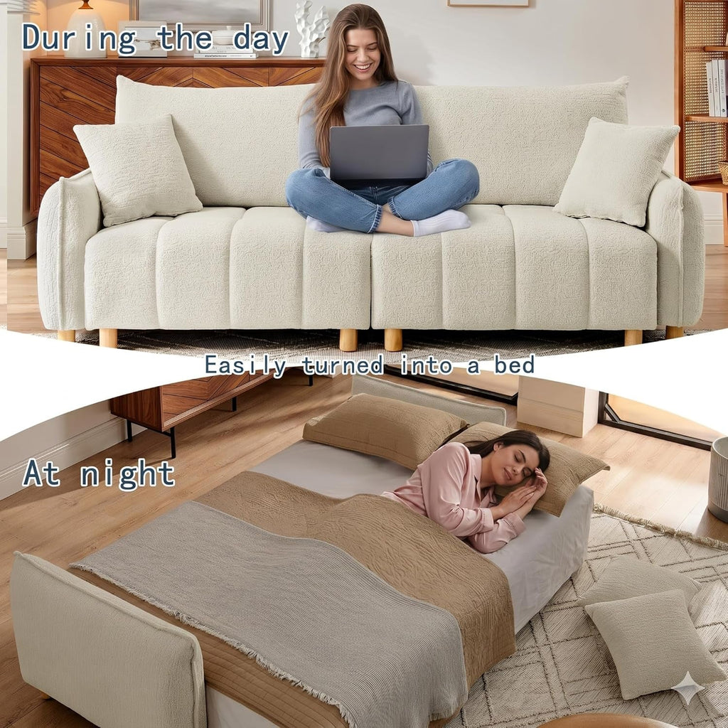 Cream Chenille Sleeper Sofa Bed With Expanded Storage-3
