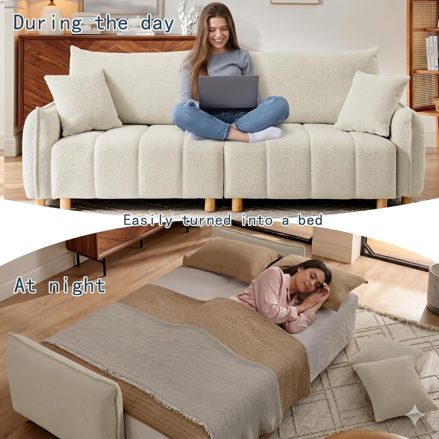 Cream Chenille Sleeper Sofa Bed With Expanded Storage-3