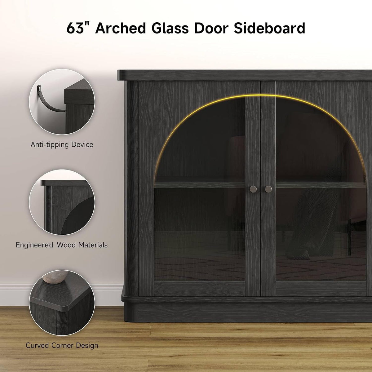 63Inch Black Sideboard Buffet Cabinet Glass Doors Modern-2