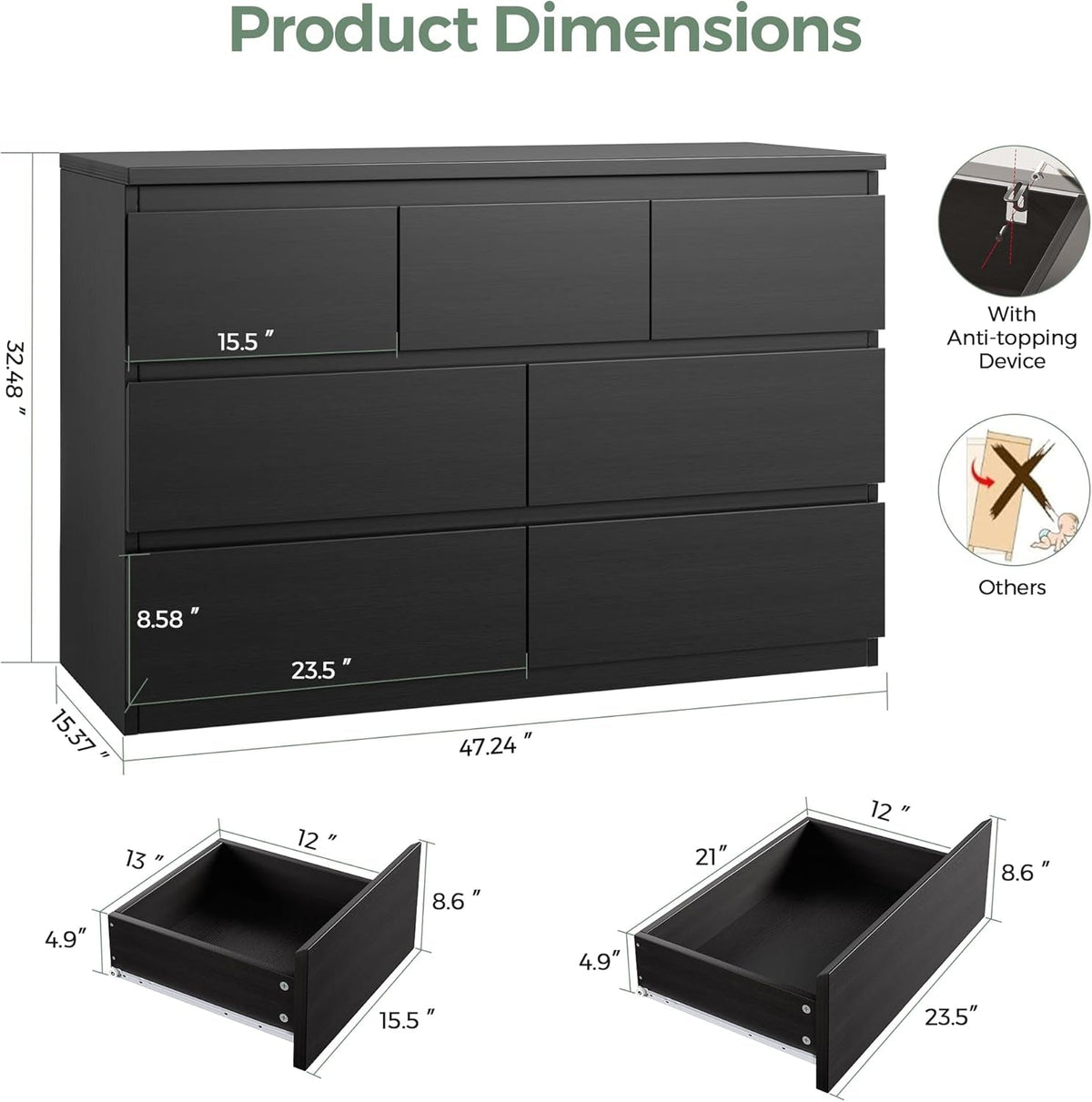 Black Seven Drawer Contemporary Wooden Dresser Bedroom-1