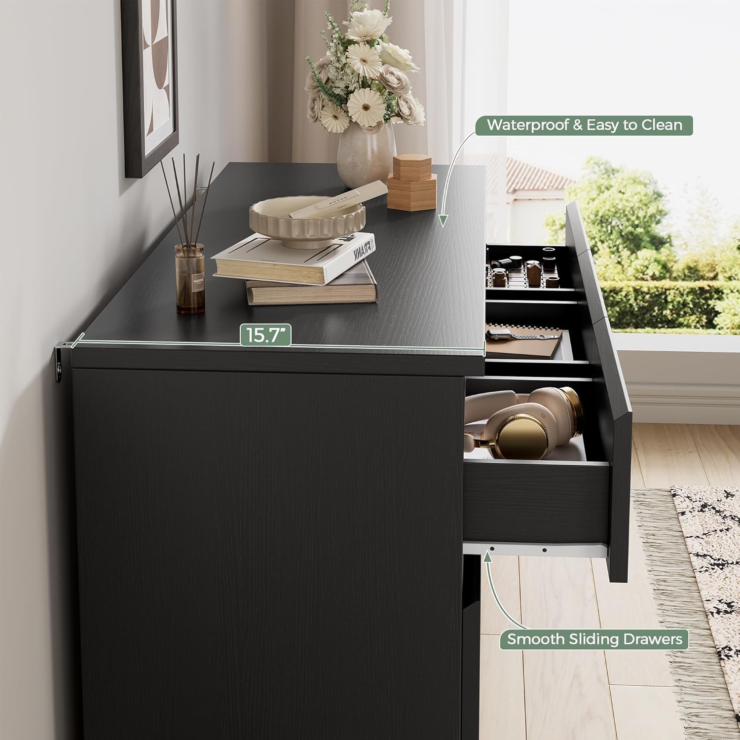 Black Seven Drawer Contemporary Wooden Dresser Bedroom-3